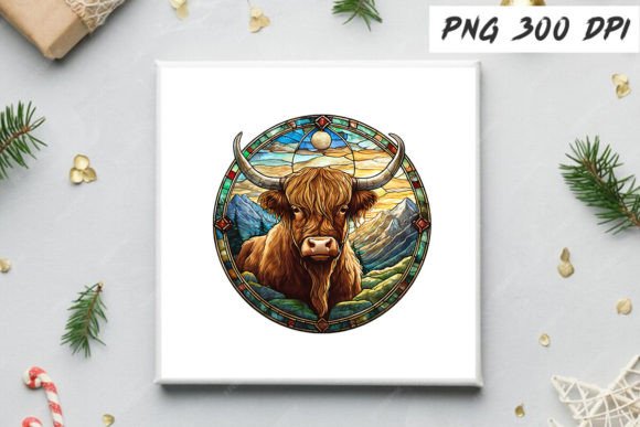 Highland Cow Stained Glass Round Coaster